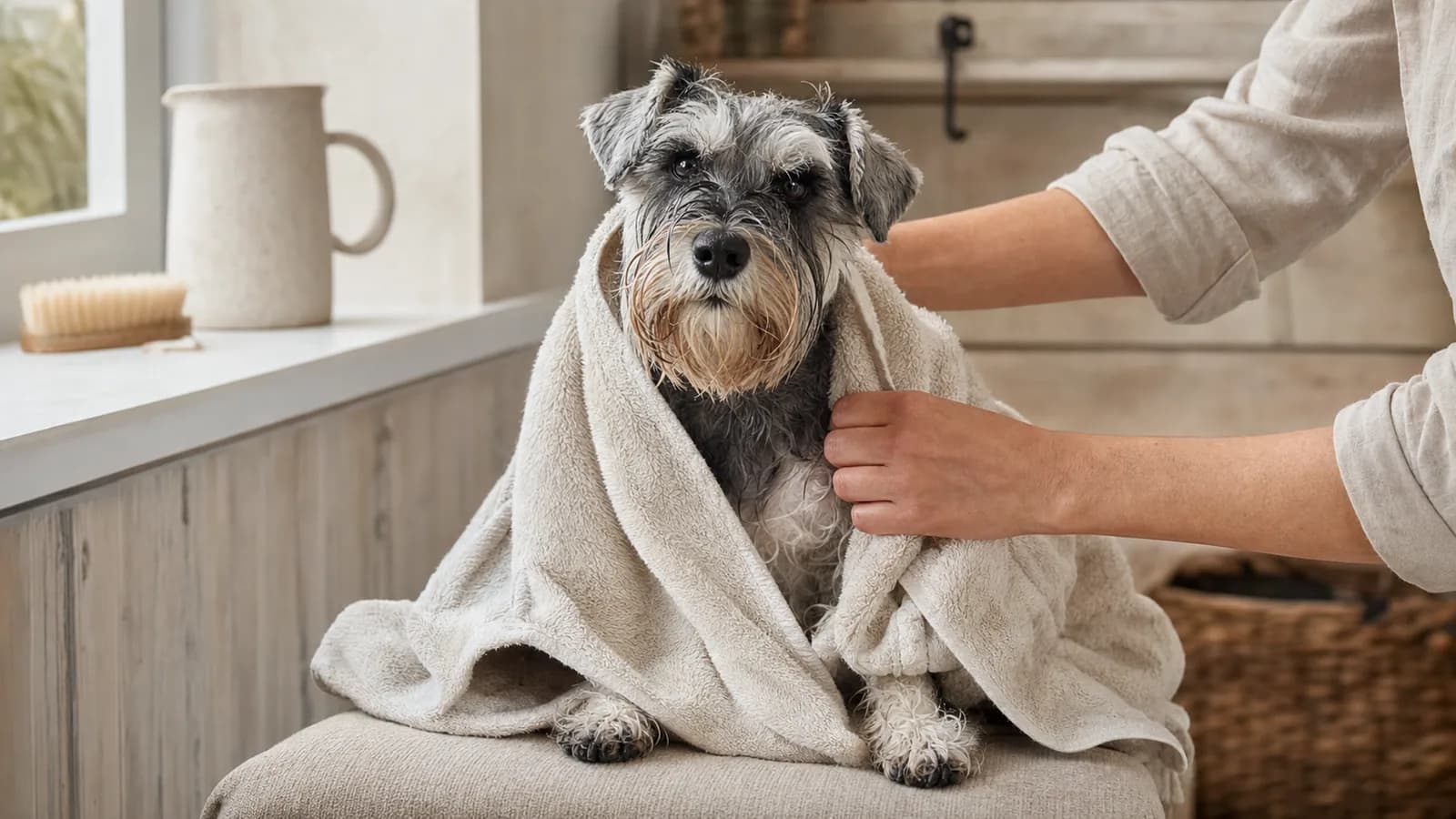 Wet dog wrapped in a towel during a Bath and Dry appointment