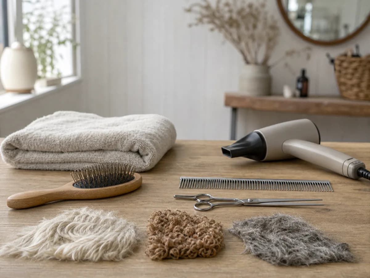 Dog grooming brushes, combs, dryer and towels prepared for an appointment