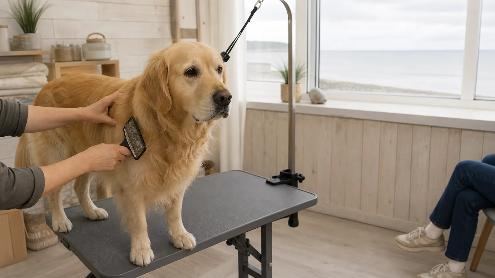 Owner sitting calmly nearby during a one-to-one dog grooming visit