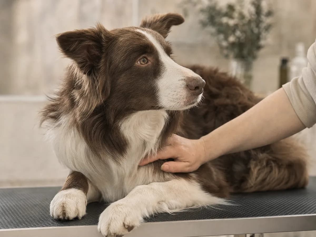 Groomer calmly handling a dog during a one-to-one appointment