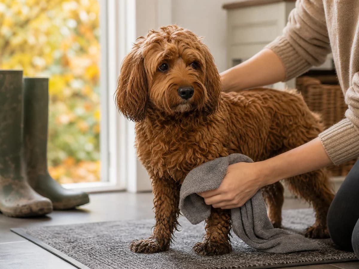 Owner gently comb-checking a soft Cavapoo coat behind the ear