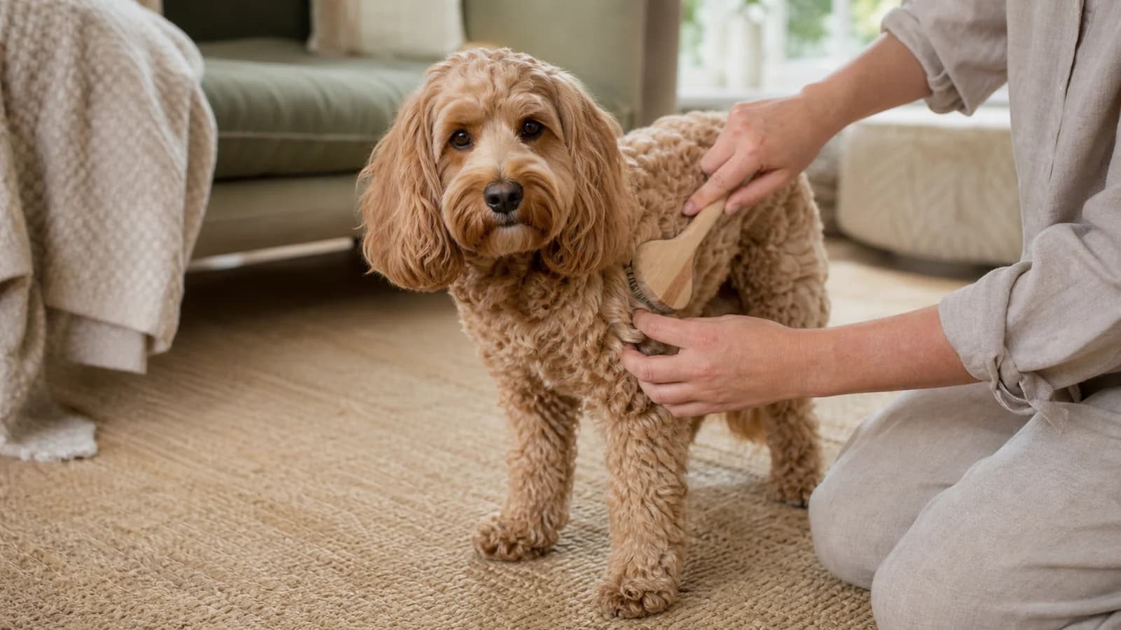 Owner line-brushing a wavy Cockapoo coat in small sections