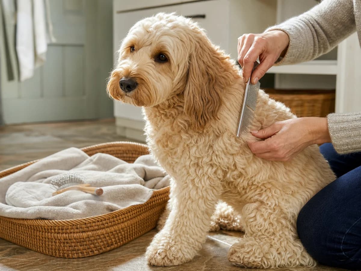 Cockapoo coat areas behind the ears and under a harness being checked for tangles