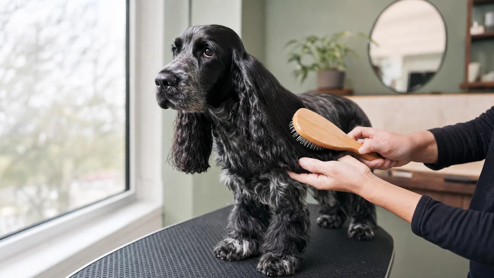 Owner checking Cocker Spaniel ear feathering after a muddy walk