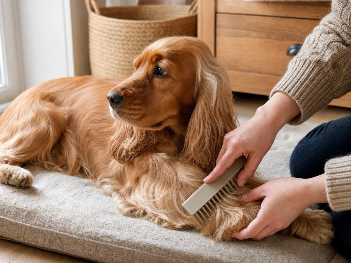 Cocker Spaniel paw and leg feathering being gently brushed