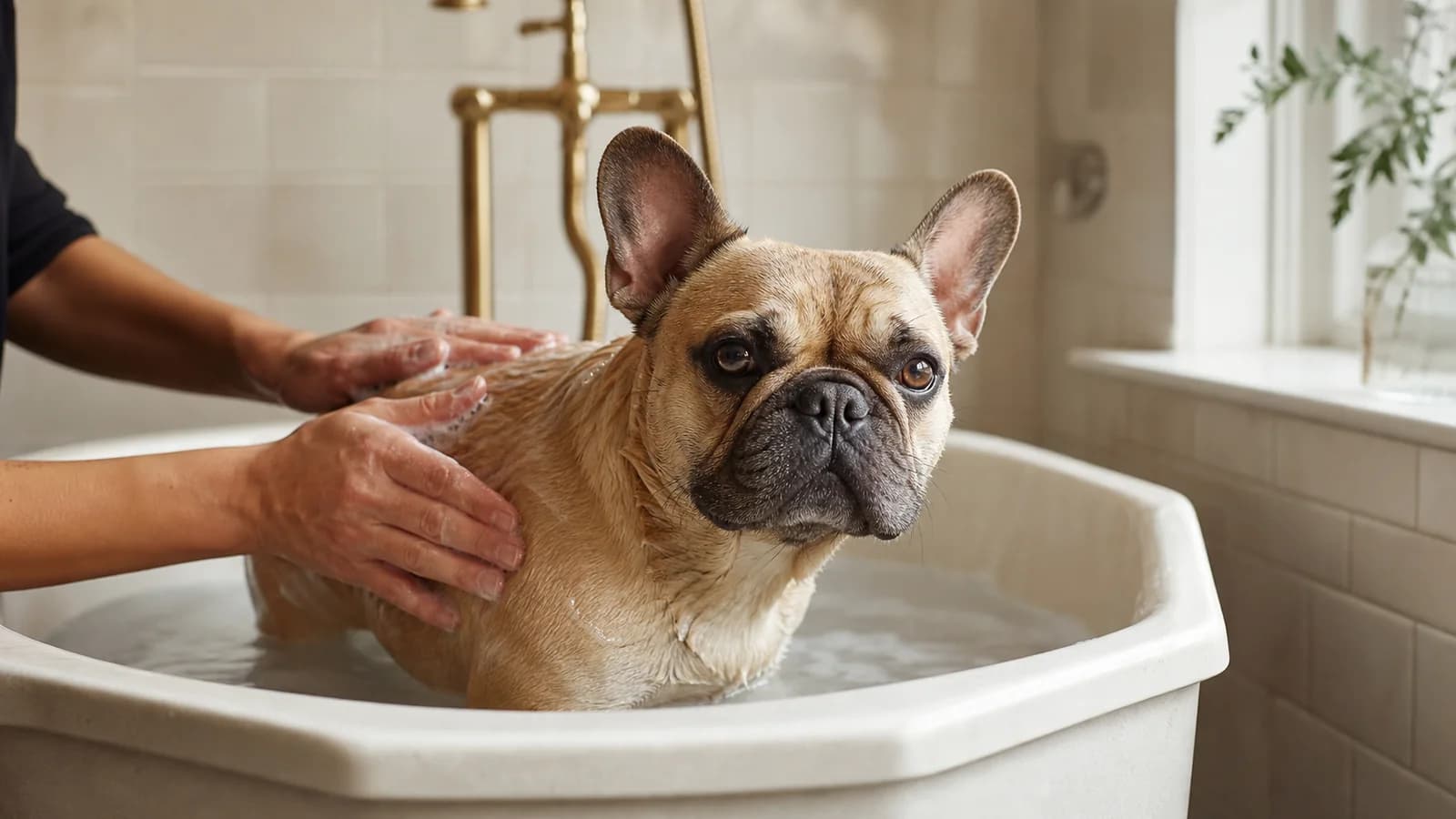 Short-haired dog being gently brushed with a grooming mitt