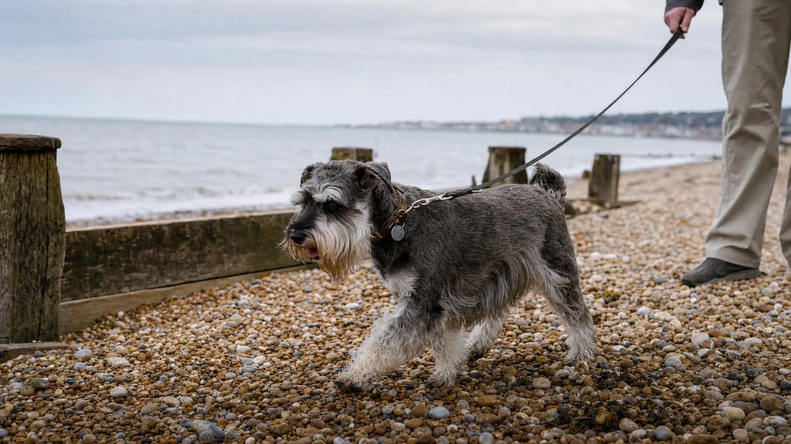 Dog walking on a lead with its owner along a shingle beach