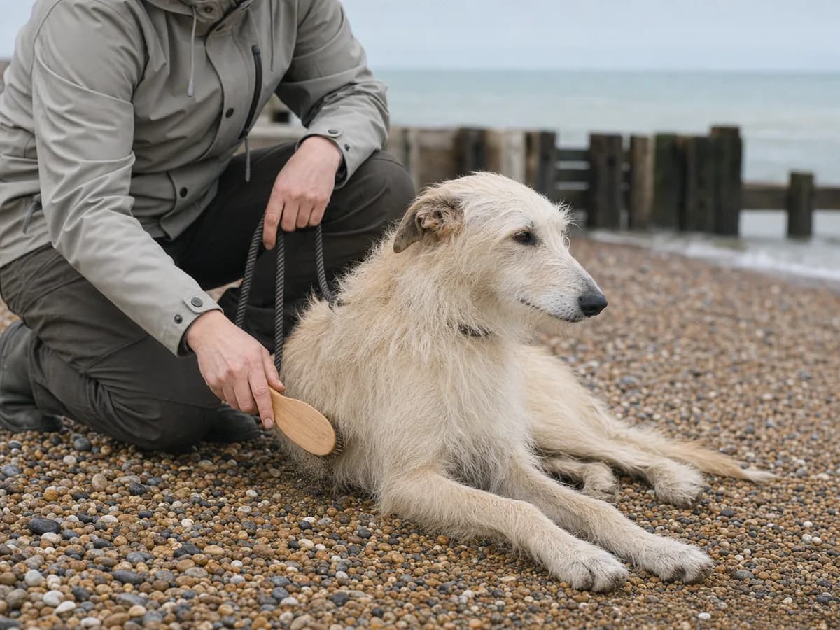 Owner gently brushing a dog's coat on a shingle beach