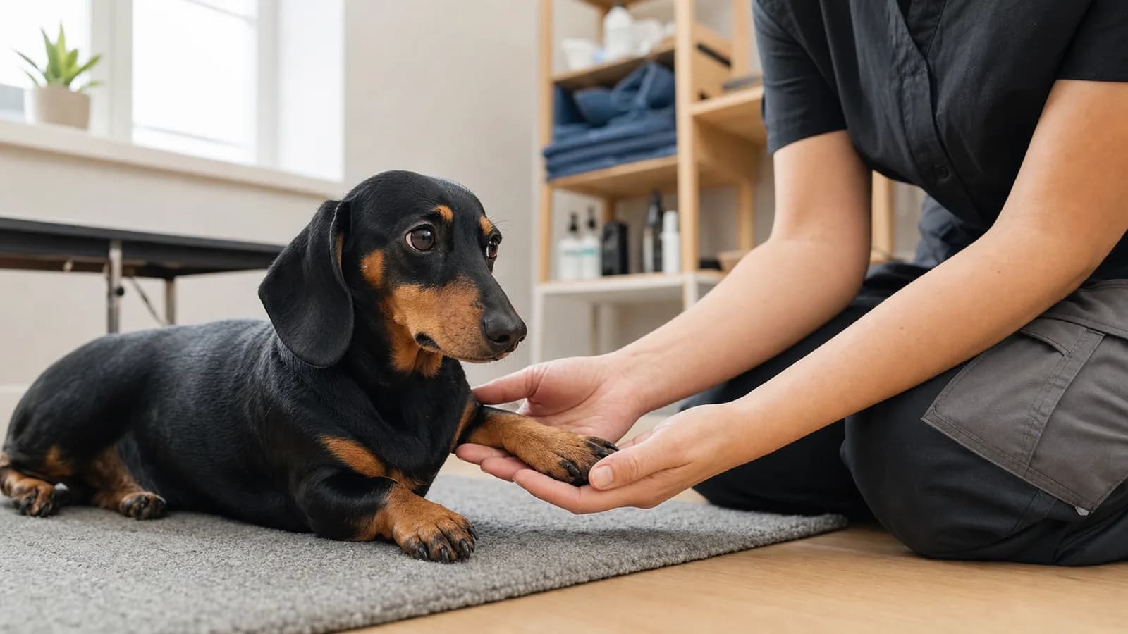 Dog calmly sniffing closed nail clippers during gradual training