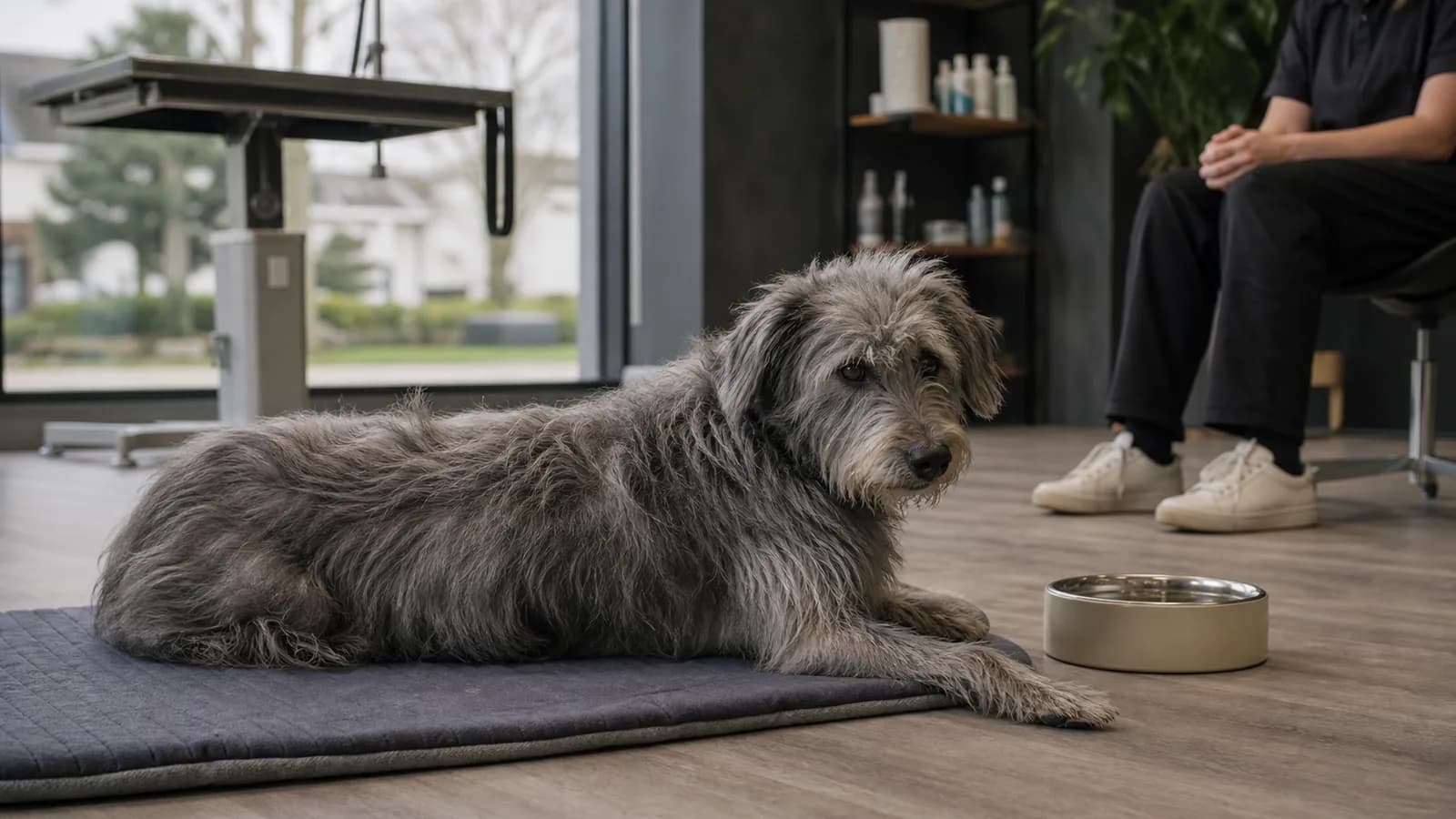 Groomer giving an anxious dog a quiet break during an appointment
