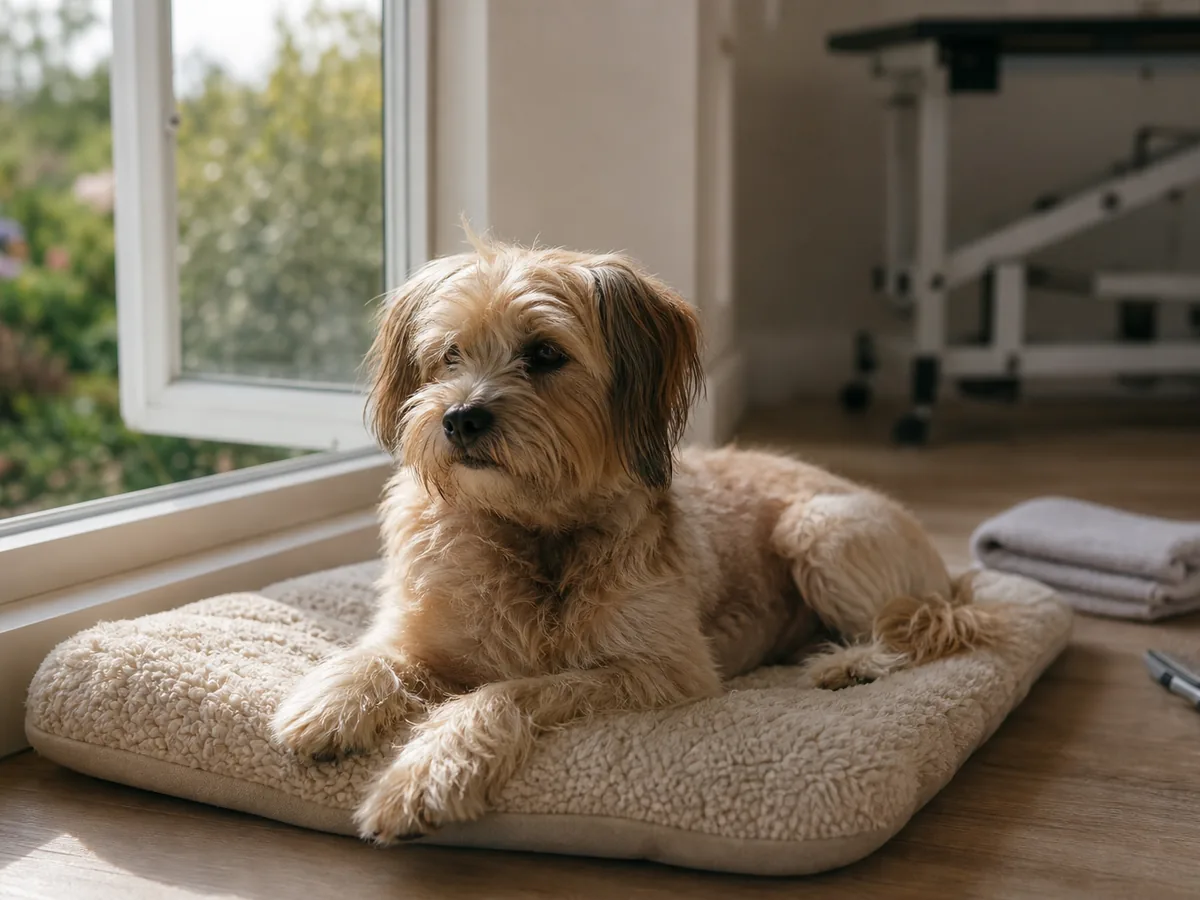 Partly groomed dog resting calmly before going home