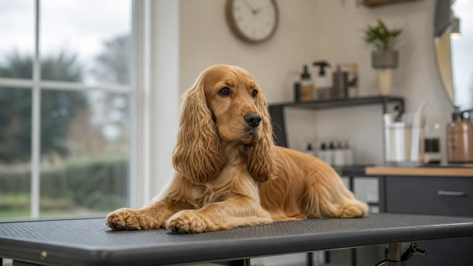 Dog being calmly blow-dried during a one-to-one grooming appointment