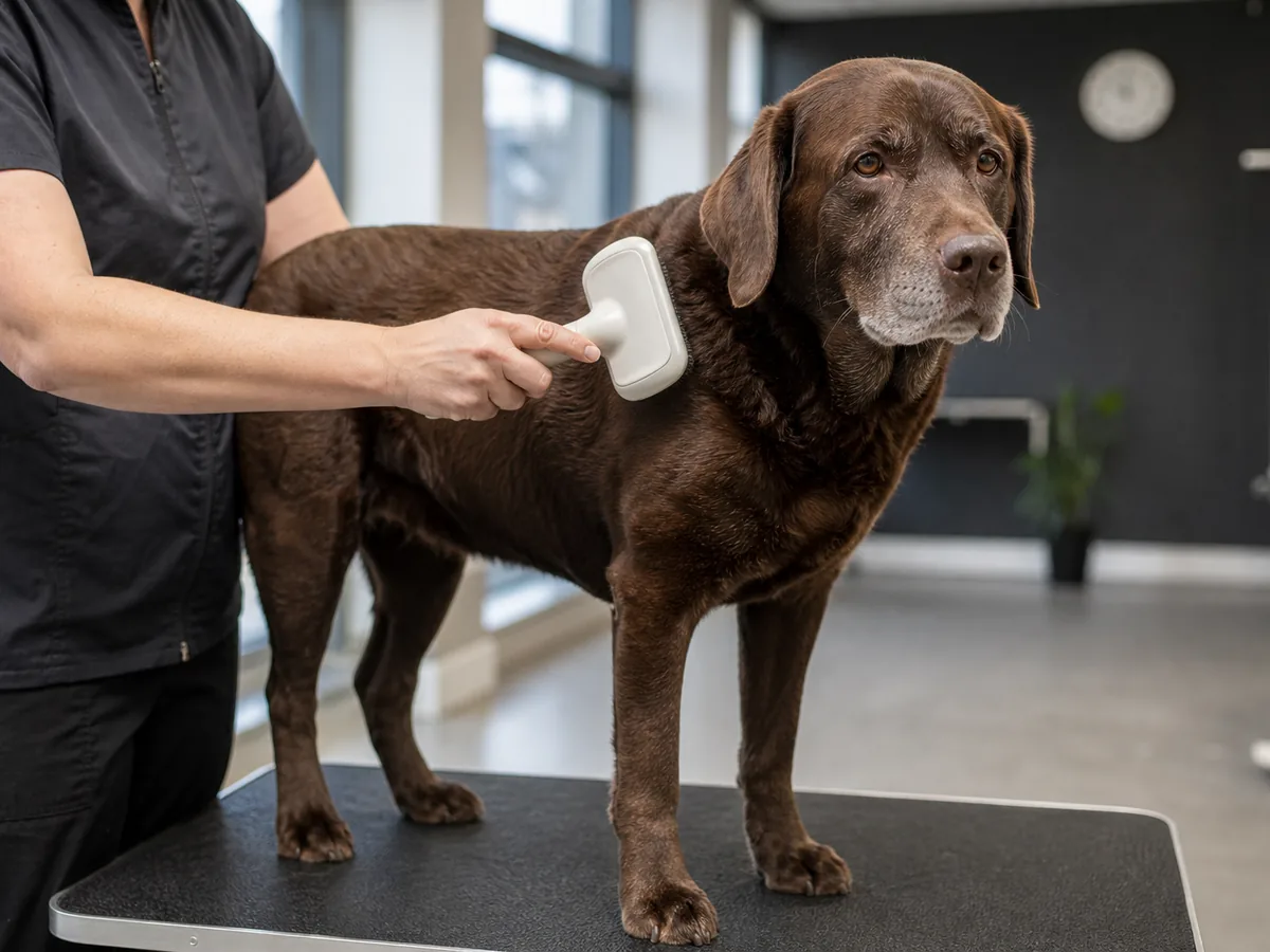 Groomer checking a dog's coat before estimating appointment time