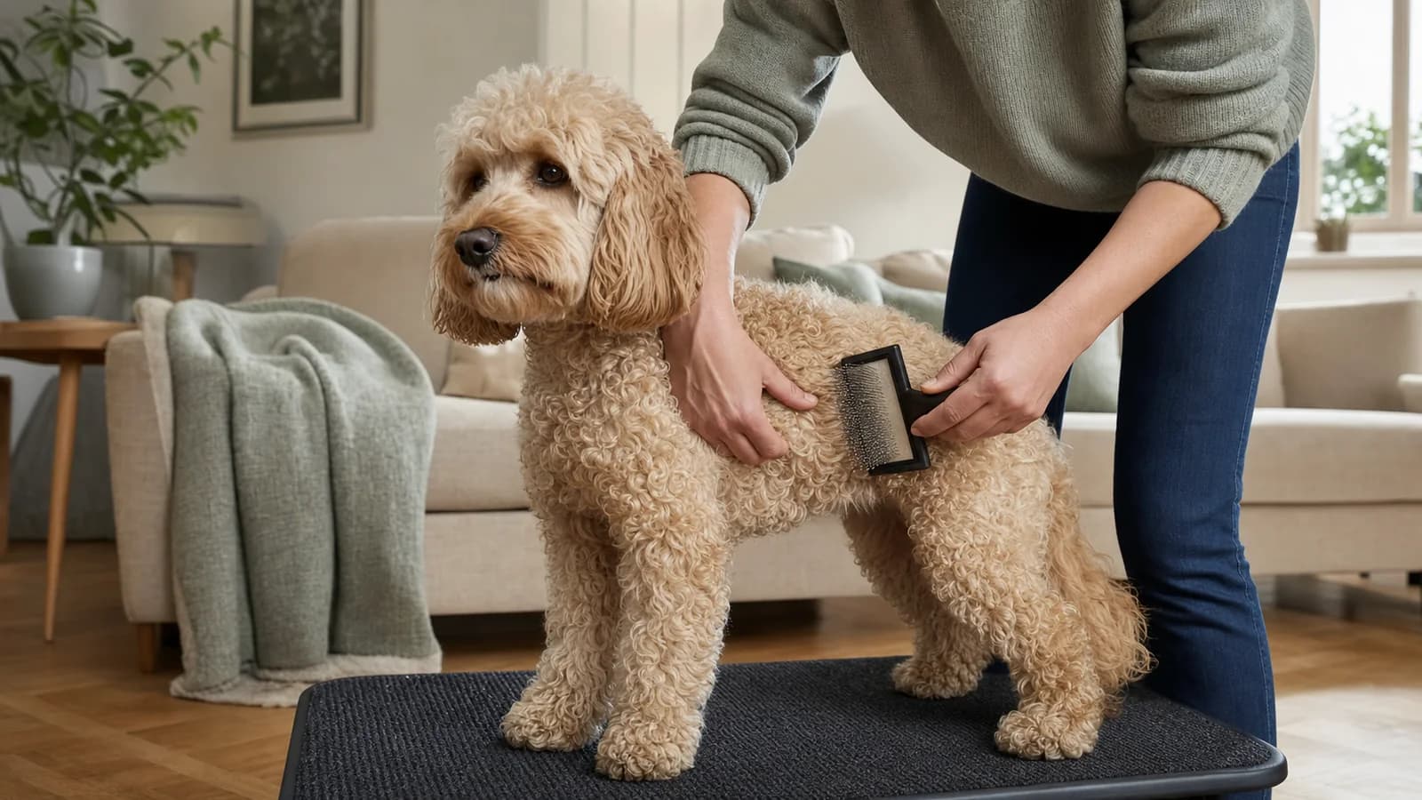 Owner gently brushing a calm dog's coat in small sections