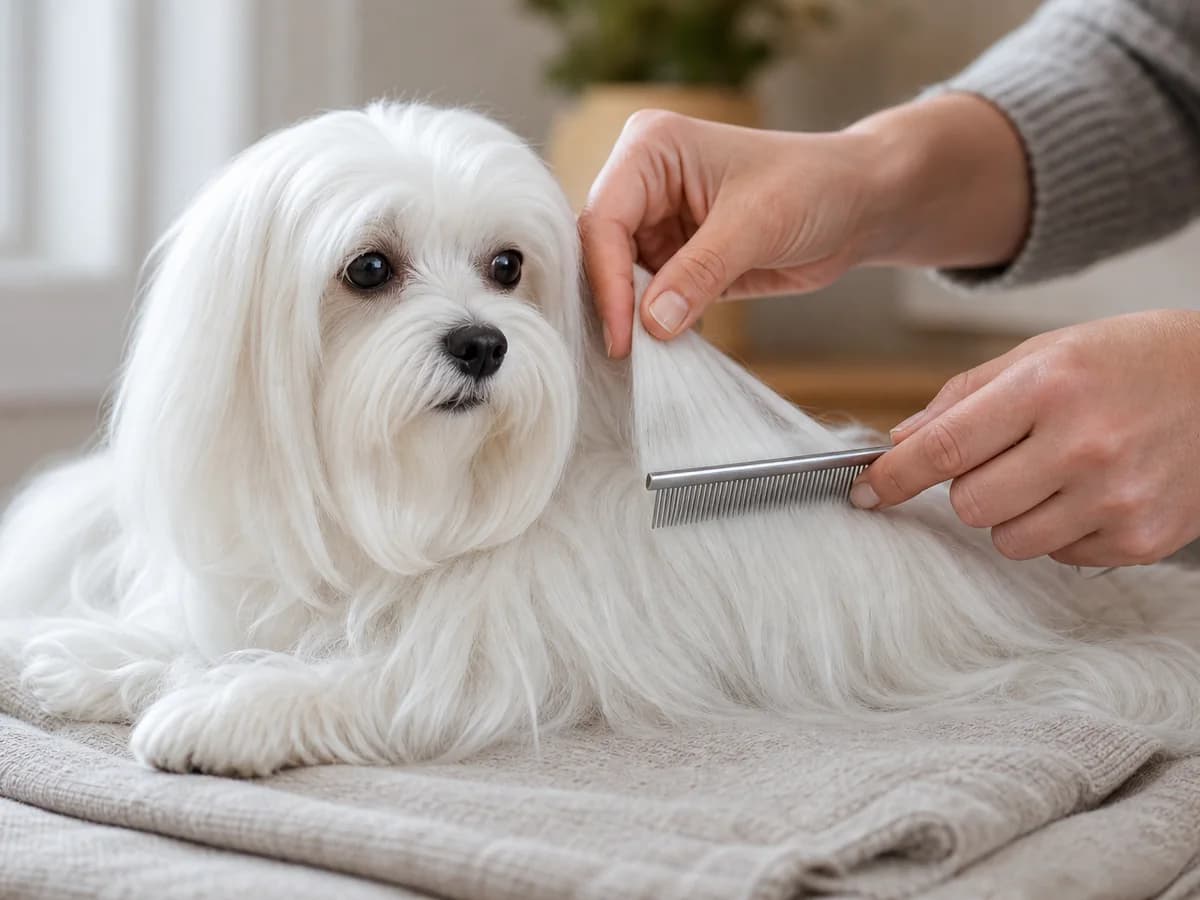 Close view of an owner checking behind a dog's ear for tangles