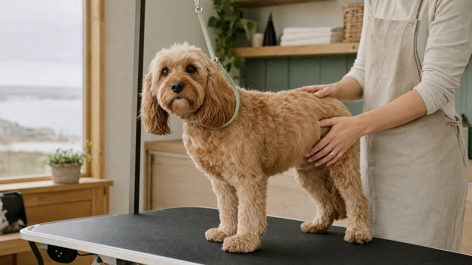 Dog standing on a grooming table while a groomer calmly handles its coat