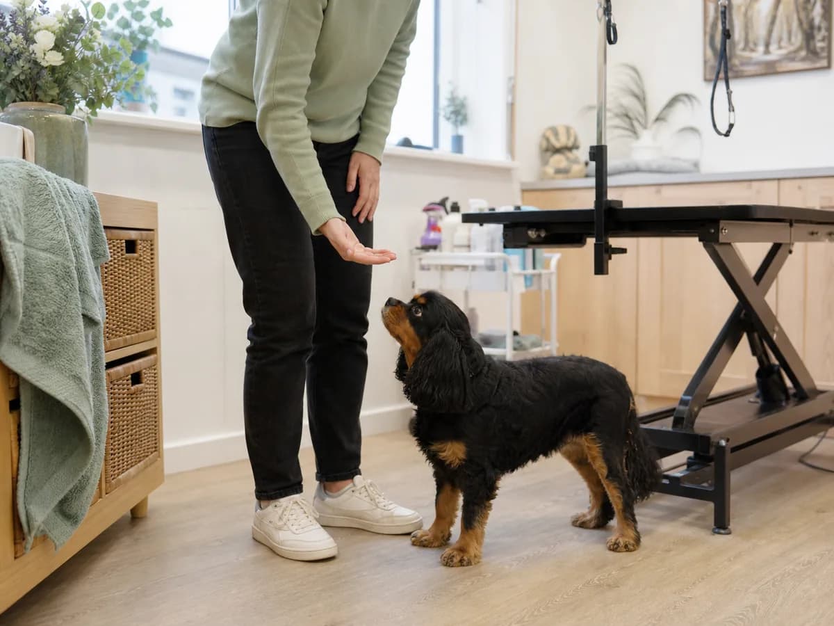 Dog meeting a groomer in a quiet grooming studio
