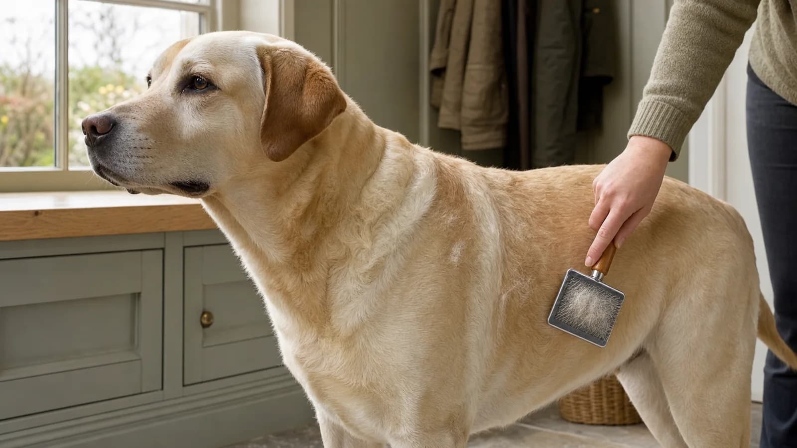 Labrador standing beside a seasonal coat-care calendar