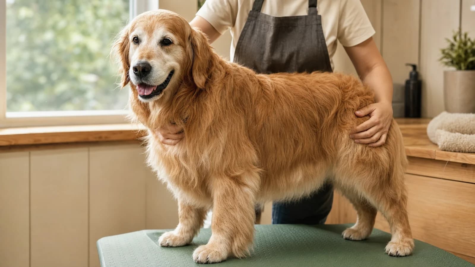 Senior dog resting on a non-slip surface during a calm grooming break