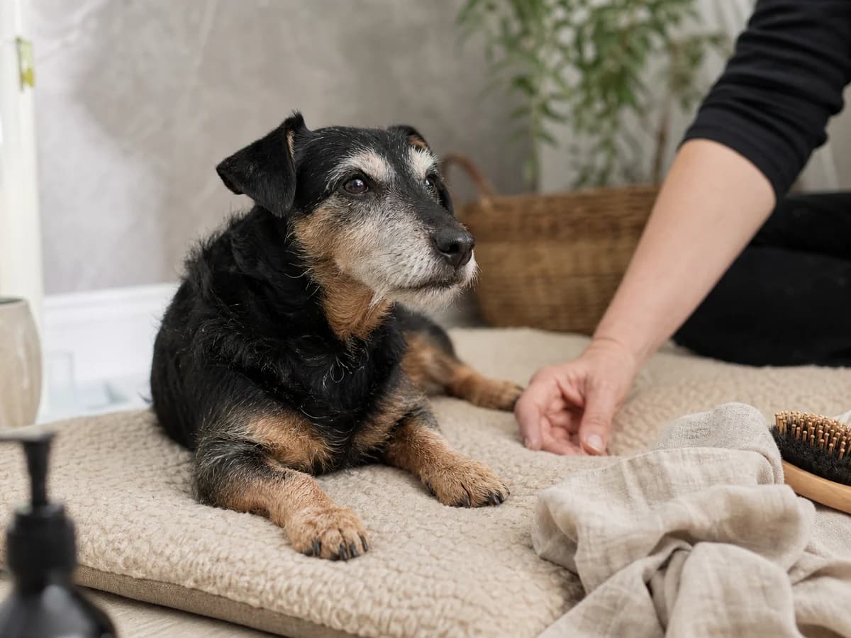 Owner sharing an older dog's mobility and health notes with a groomer