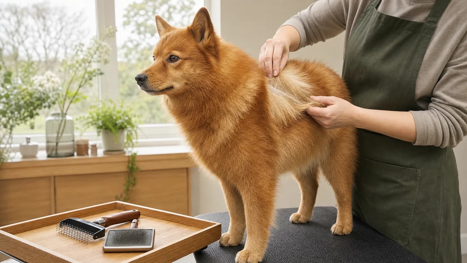 Groomer assessing the guard hairs and undercoat of a double-coated dog
