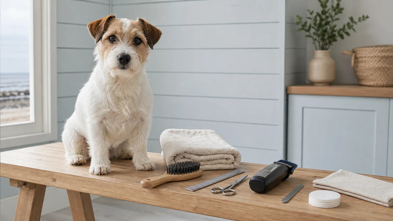 Dog sitting beside brushes and clippers in a calm grooming studio