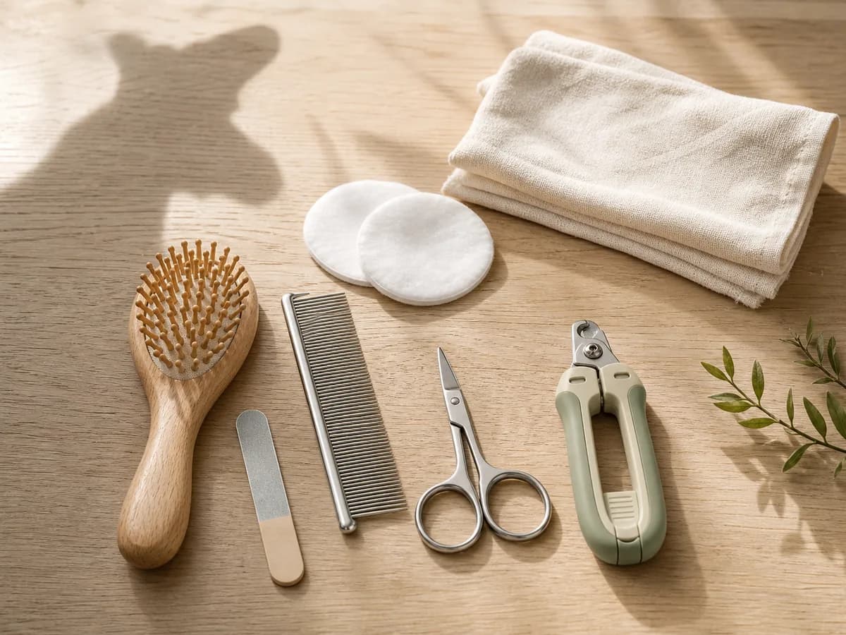 Brushes, comb, scissors and nail-care tools used during a Full Dog Groom
