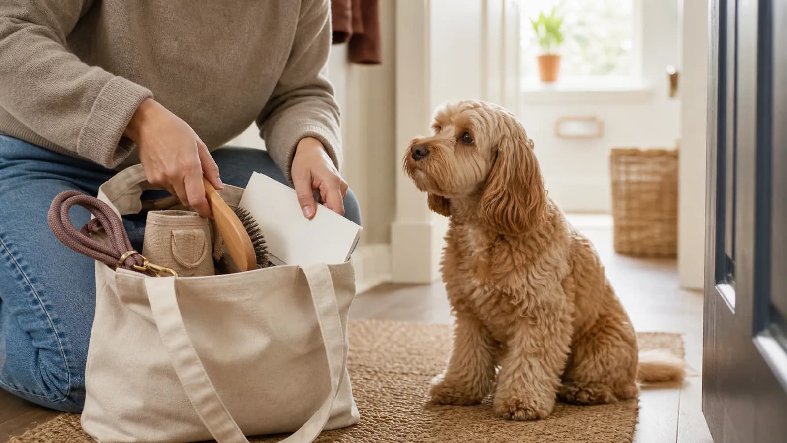 Owner showing a groomer a recent photo of her dog's coat